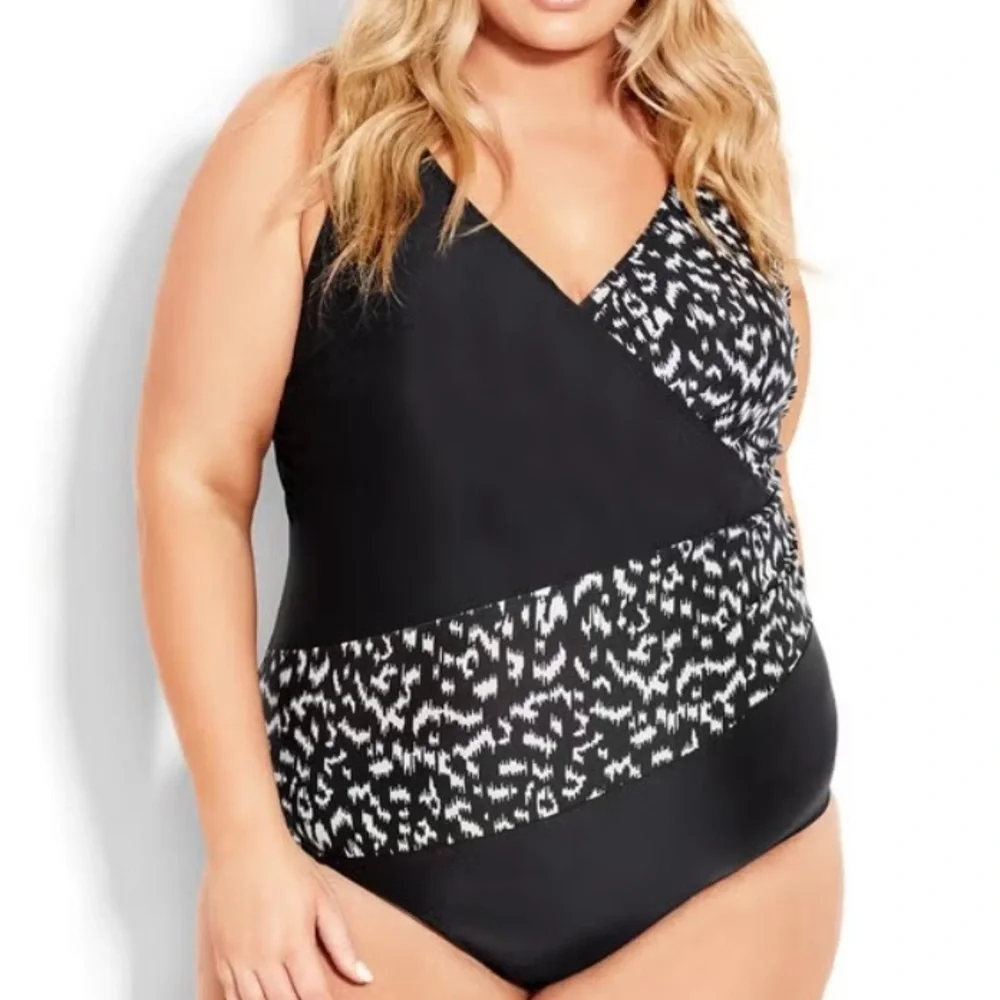 Avenue Black and White One Piece Swimsuit with Spliced IKAT Print Plus Size 20 - Picture 3 of 6